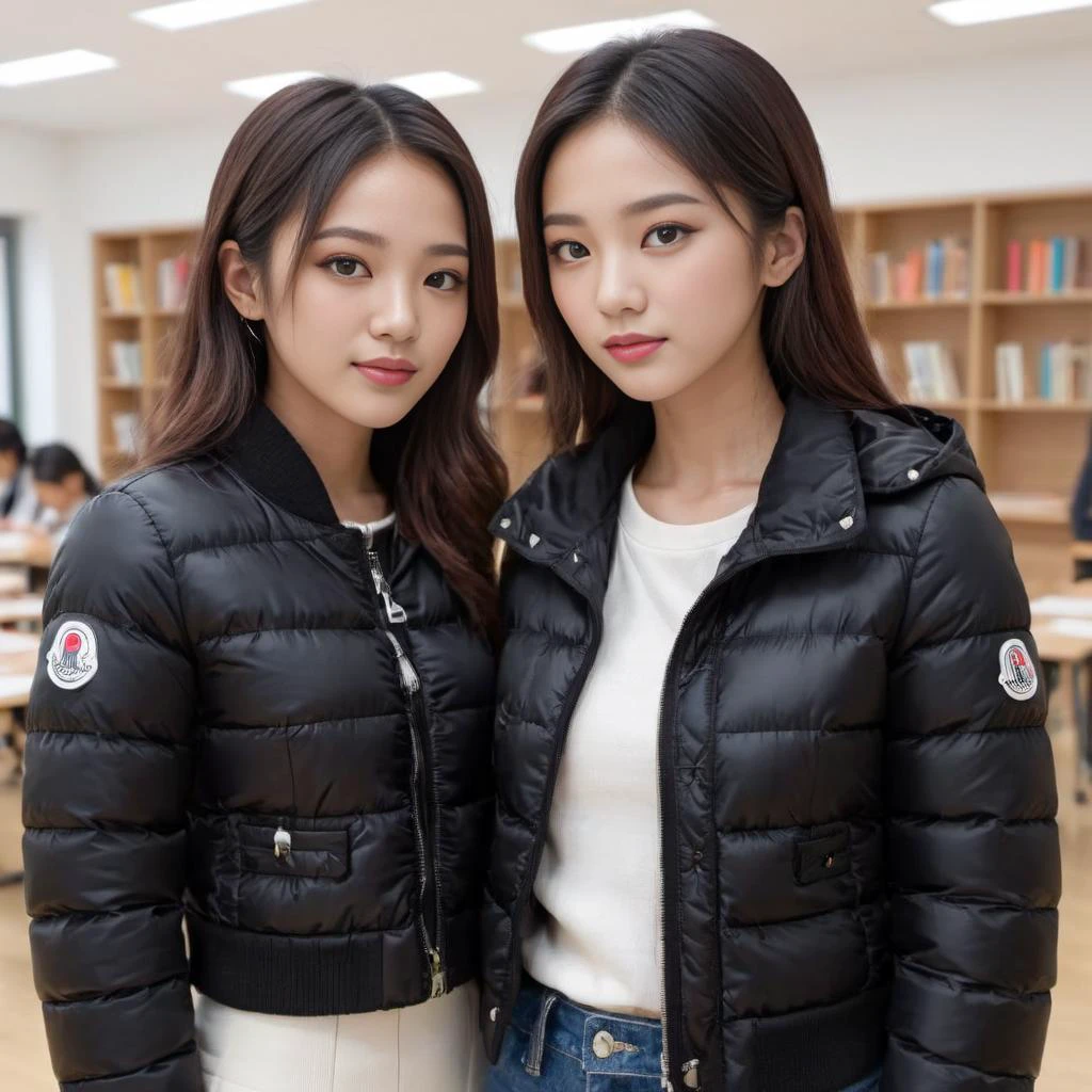 (shot from above) , cute two asian 25 year old women a wearing a cropped black moncler_hermine jacket , hyperdetailed photography,4k textures,intricate details,4k resolution , <lora:moncler_hermine_v1_r2-000007:0.5>, standing, classroom scene