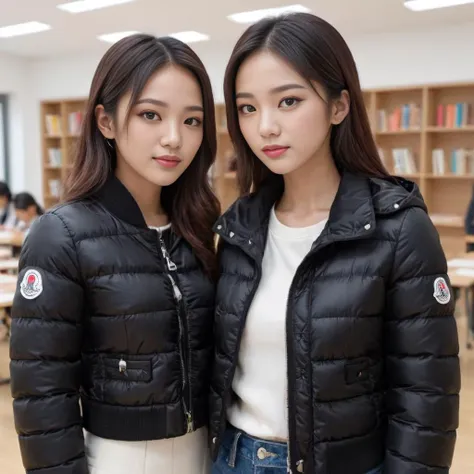 (shot from above) , cute two asian 25 year old women a wearing a cropped black moncler_hermine jacket , hyperdetailed photography,4k textures,intricate details,4k resolution   ,  <lora:moncler_hermine_v1_r2-000007:0.5>, standing, classroom scene