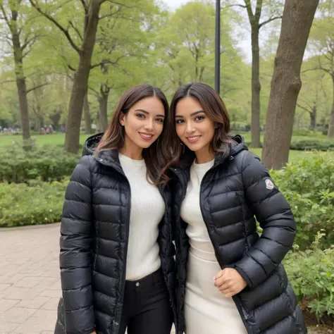 (taking a selfie) , cute two hispanic professional women a wearing a long knee length  moncler_hermine jacket , hyperdetailed photography,4k textures,intricate details,4k resolution   ,  <lora:moncler_hermine_v1_r2-000007:0.5>, squatting, park scene