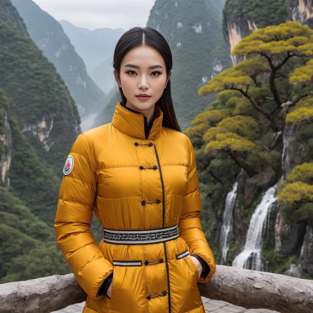 ((cute woman Shaolin Monks costume)) wearing a long knee length moncler_hermine jacket , hyperdetailed photography,4k textures,intricate details,4k resolution , <lora:moncler_hermine_v1_r2-000007:0.3>,