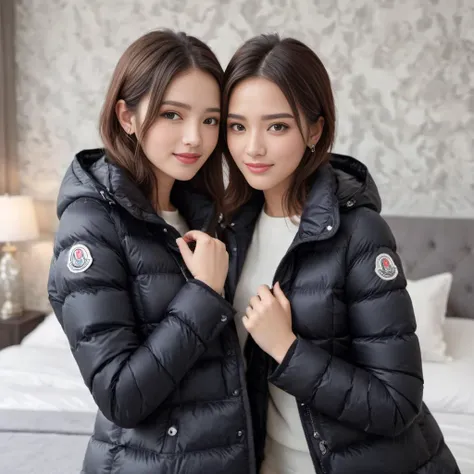 (holding the camera) , cute two american women a wearing a long knee length  moncler_hermine jacket , hyperdetailed photography,4k textures,intricate details,4k resolution   ,  <lora:moncler_hermine_v1_r2-000007:0.5>, hugging, bedroom scene