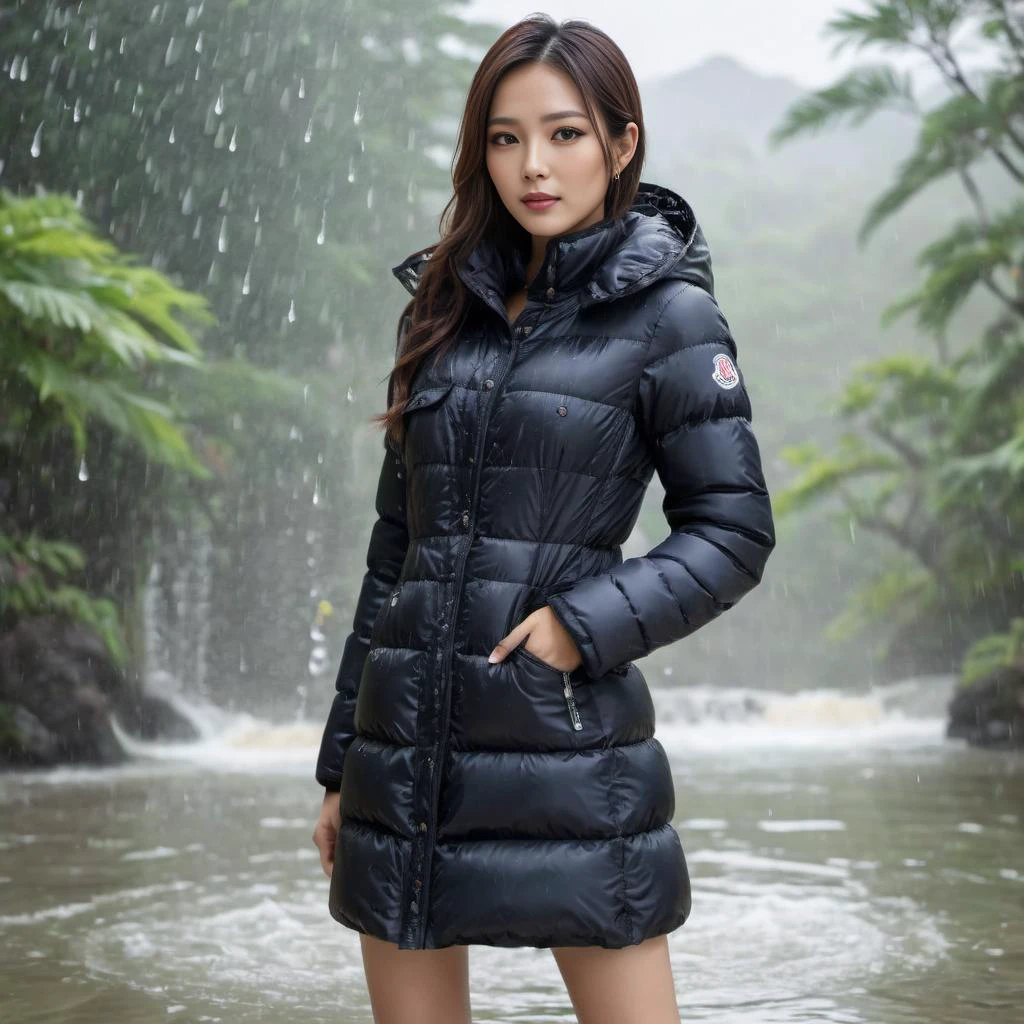 cute one asian tall women a wearing a long colourburst moncler_hermine jacket , hyperdetailed photography,4k textures,intricate details,4k resolution , <lora:moncler_hermine_v1_r2-000007:0.5>, sexual posing, wetlook raining water scene