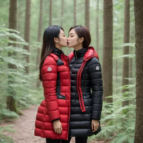 cute two asian 25 year old women a wearing a long black and red moncler_hermine jacket , hyperdetailed photography,4k textures,intricate details,4k resolution , <lora:moncler_hermine_v1_r2-000007:0.5>, kissing, forest scene