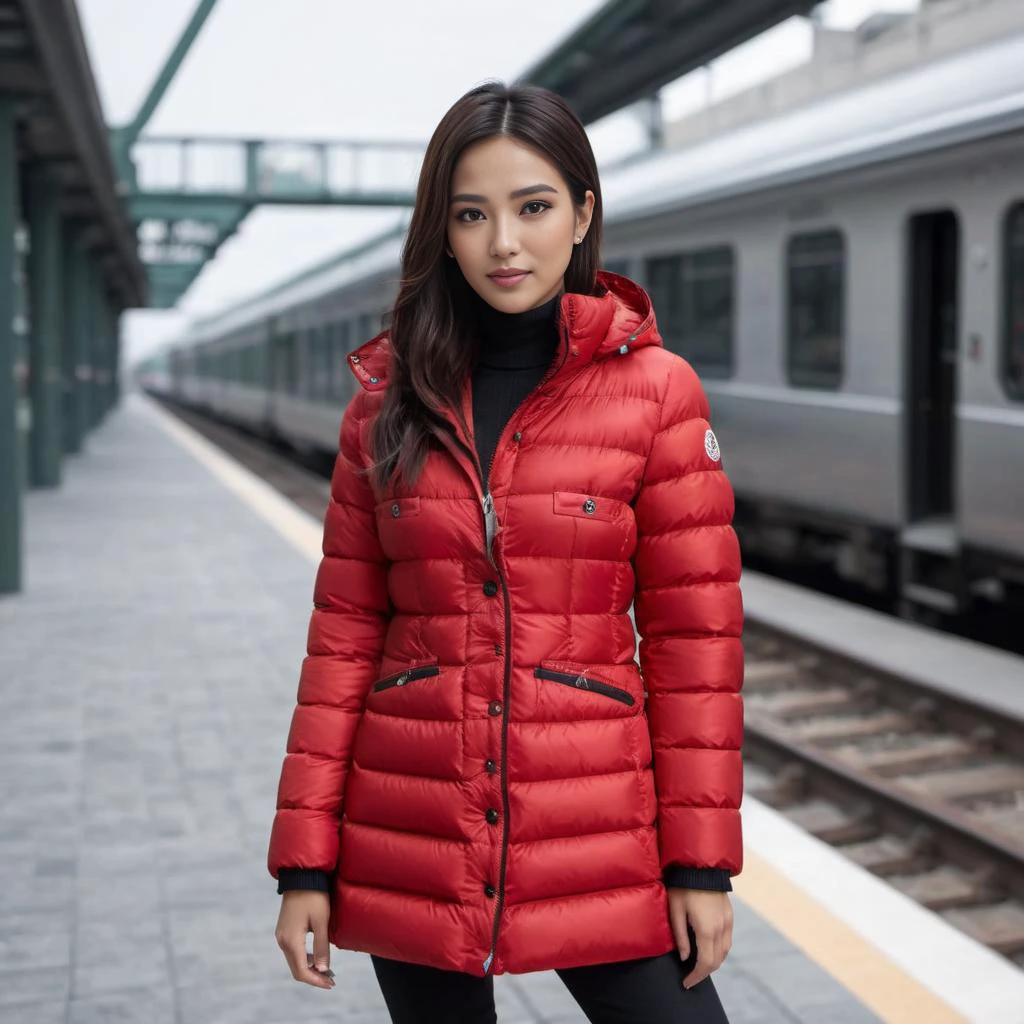 cute one latino women a wearing a long light red moncler_hermine jacket , hyperdetailed photography,4k textures,intricate details,4k resolution , <lora:moncler_hermine_v1_r2-000007:0.5>, doing asian poses, train scene