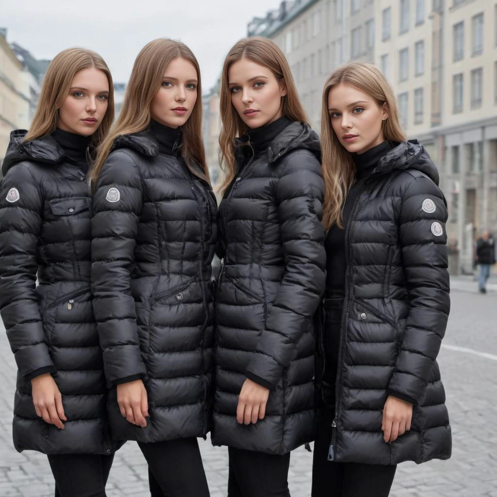 (close up) , cute group of swedish women a wearing a long knee length moncler_hermine jacket , hyperdetailed photography,4k textures,intricate details,4k resolution , <lora:moncler_hermine_v1_r2-000007:0.5>, posing for a photoshoot, dystopian city scene