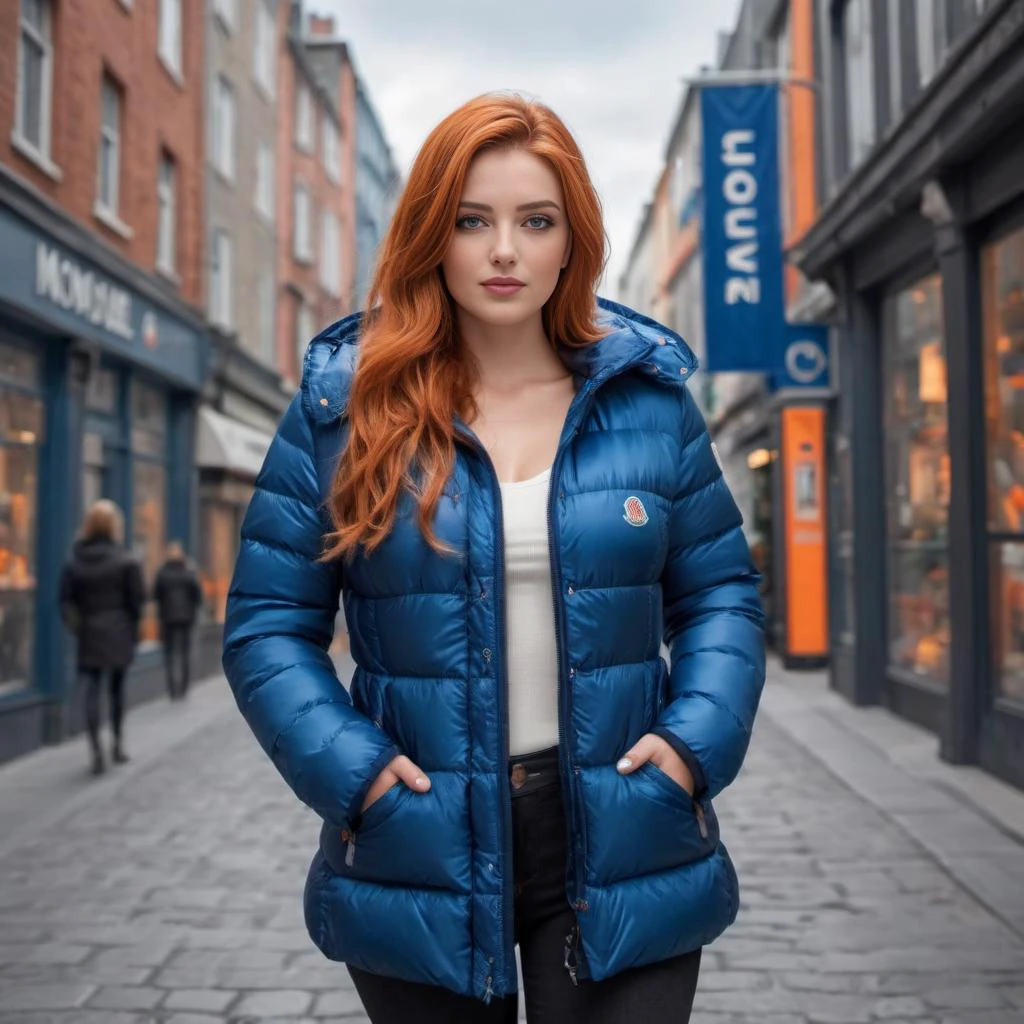 cute one irish curvy women a wearing a long blue and orange moncler_hermine jacket , hyperdetailed photography,4k textures,intricate details,4k resolution , <lora:moncler_hermine_v1_r2-000007:0.5>, laying in her chest, dystopian city scene
