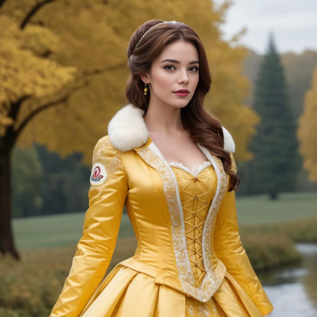 ((princess belle in princess dress costume)) wearing a long knee length moncler_hermine jacket , hyperdetailed photography,4k textures,intricate details,4k resolution , <lora:moncler_hermine_v1_r2-000007:0.3>,