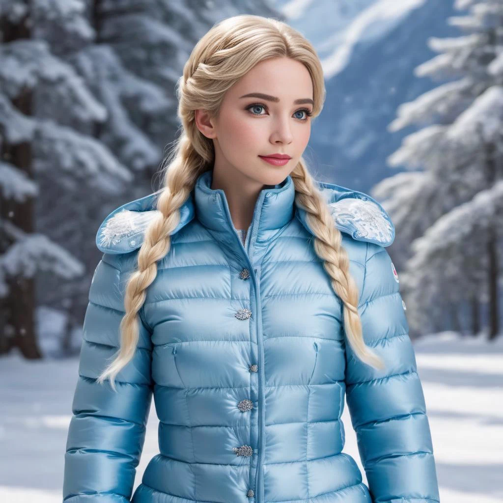 ((princess elsa in princess dress costume)) wearing a long knee length moncler_hermine jacket , hyperdetailed photography,4k textures,intricate details,4k resolution , <lora:moncler_hermine_v1_r2-000007:0.5>,