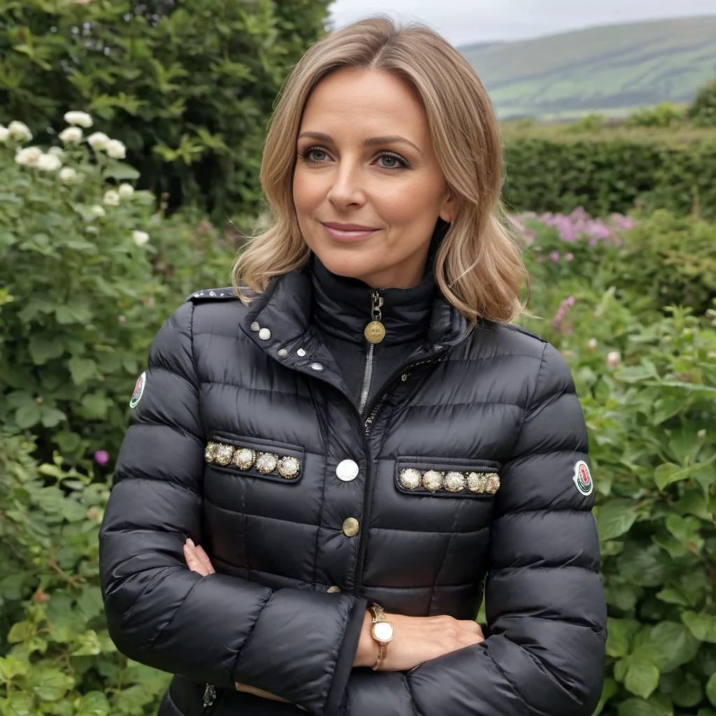 cute one irish 40 year old women a wearing a long jeweled moncler_hermine jacket , hyperdetailed photography,4k textures,intricate details,4k resolution , <lora:moncler_hermine_v1_r2-000007:0.5>, hugging, garden scene