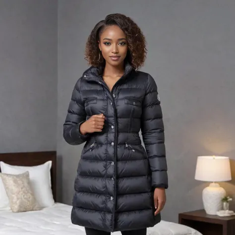 (holding the camera) , cute one african professional women a wearing a long knee length moncler_hermine jacket , hyperdetailed photography,4k textures,intricate details,4k resolution , <lora:moncler_hermine_v1_r2-000007:0.5>, festival, bedroom scene