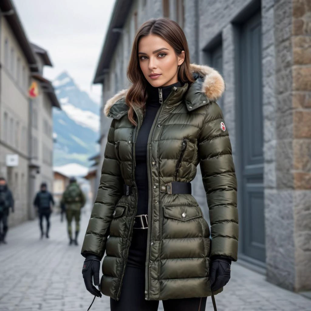((cute woman Swiss Mercenaries costume)) wearing a long knee length moncler_hermine jacket , hyperdetailed photography,4k textures,intricate details,4k resolution , <lora:moncler_hermine_v1_r2-000007:0.3>,