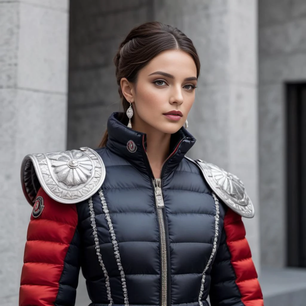((Gladiators costume)) wearing a long knee length moncler_hermine jacket , hyperdetailed photography,4k textures,intricate details,4k resolution , <lora:moncler_hermine_v1_r2-000007:0.3>,