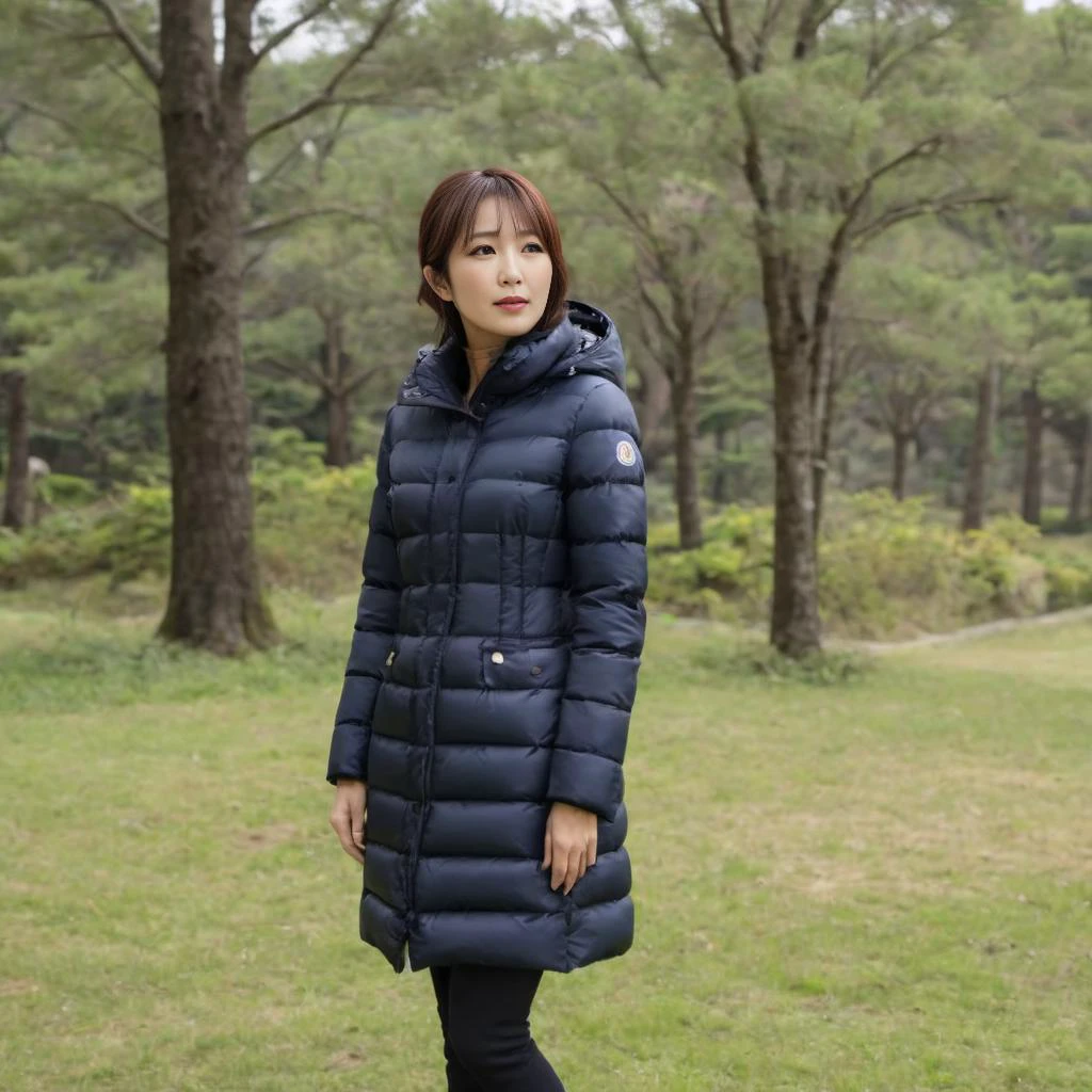(medium shot) , cute two japanese 40 year old women a wearing a long knee length moncler_hermine jacket , hyperdetailed photography,4k textures,intricate details,4k resolution , <lora:moncler_hermine_v1_r2-000007:0.5>, side view, romantic scene