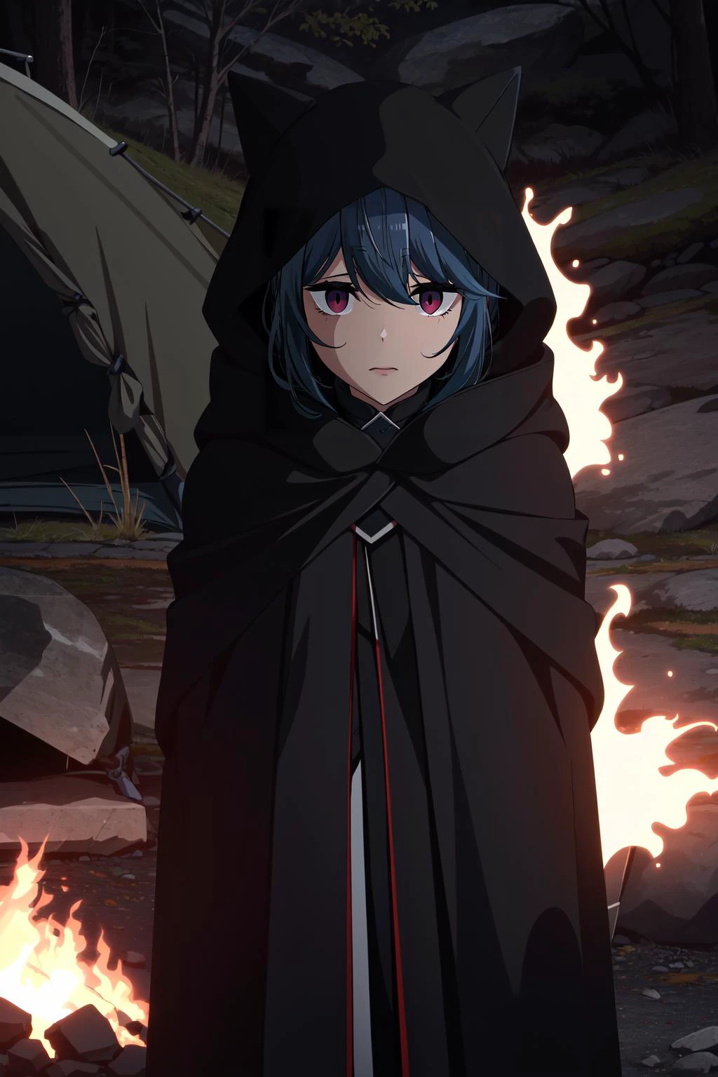 (masterpiece, best quality), intricate details,
1girl, <lora:rin-yurucamp-01:0.8> rin shima
<lora:edgCultistHood:0.8> edgCultist, dark, ominous, wearing edgCultist_hood, glowing eyes , black cloak, mysterious, night, camping, horror,