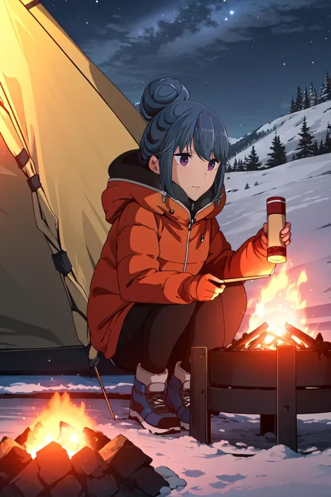 (masterpiece, best quality),  intricate details,
1girl,     <lora:rin-yurucamp-01:0.8> rin shima, camping, winter, snow, cold, tent, campfire, night, stars,