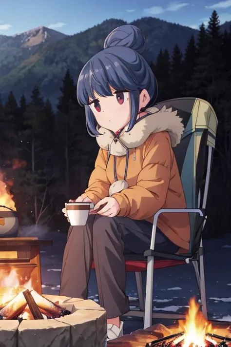 masterpiece, best quality, ,<lora:GoodHands-vanilla:0.8> <lora:anmnr01:0.3> <lora:add_detail:0.5>,1girl,cinematic angle, <lora:rin-yurucamp:0.7>,rin shima,mountain view,camping,campfire,winter cloth,Tent for the camping,persimmons dried on skewers,lantan,stool,folding chair,cup of coffee