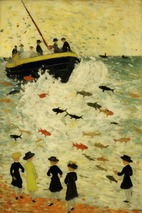 <lora:Maurice Prendergast Style:1>Maurice Prendergast Style - douard Vuillard painting of a typhoon filled with fish