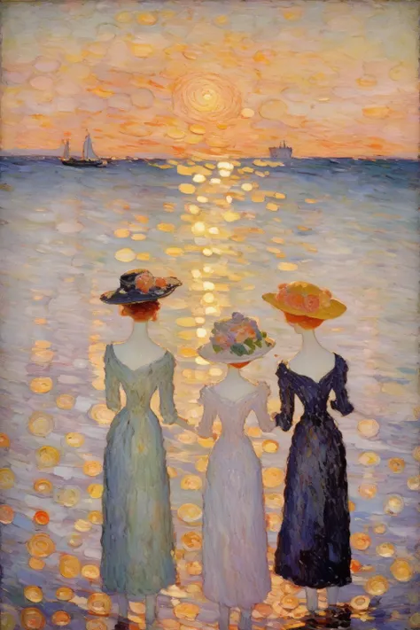 <lora:Maurice Prendergast Style:1>Maurice Prendergast Style - An Impressionist painting by Maurice Prendergast, sunset, clouds, sea with glittering sequins, sunset reflected on the sea,Ripples are clearly visible, fresh and refined,the shadows of flowers shining on the sea,lifelike,the overall atmosphere is romantic and beautiful, fresh and unconventional colors, light and transparent style,style influenced by Monet and Bato Dugarzhapov,photo by Rinko kawauchi, In this Impressionist painting by Maurice Prendergast, Maurice Prendergast employed intricate, soft brushstrokes and textures to capture a complex, gentle, high-definition, and authentically perfect scene.