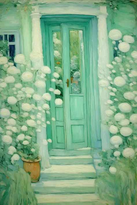 <lora:Maurice Prendergast Style:1>Maurice Prendergast Style - In Maurice Prendergast, this impressionistic painting of a garden, white style garden, late afternoon, wind blowing curtains, mint blue door, mint blue curtains, white flowers, the whole style of the picture is mint blue, the overall atmosphere is romantic and beautiful, extreme close-ups of the door and steps,In Maurice Prendergast, this impressionistic painting of a garden,Maurice Prendergast's complex brushstrokes and textures are employed to capture a complex scene with soft, gentle,and perfect details.