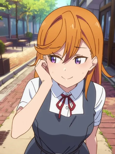 masterpiece, best quality, very aesthetic, absurdres, pov, medium shot,
<lora:kanon-sdxl-000056:0.9>,
shibuyakanon, orange hair, kanonuniform, medium hair, school uniform, pinafore dress, red ribbon, grey skirt, from side, (hand on own face:0.8)
shy, blush, smiling, looking away,