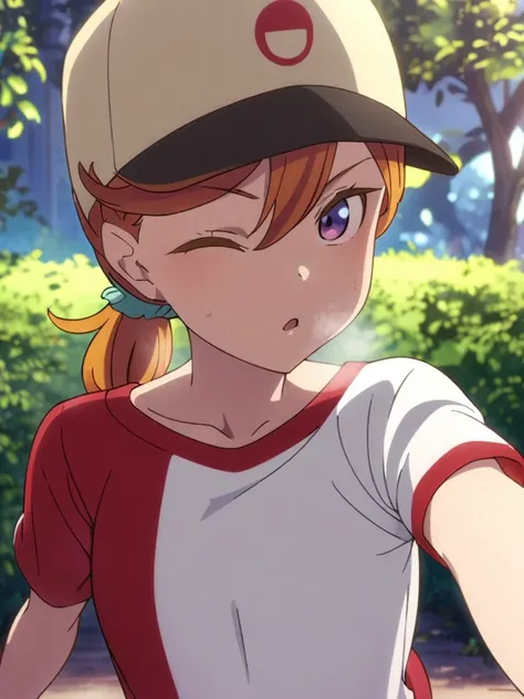 masterpiece, best quality, very aesthetic, absurdres, upper body, pov,
<lora:kanon-sdxl-000056:0.9>,
shibuyakanon, orange hair, one eye closed, (kanontraining, short hair, low tied hair), white t-shirt, red sleeves, short sleeves, (from side:0.8), hat,
heavy breathing, looking at viewer,