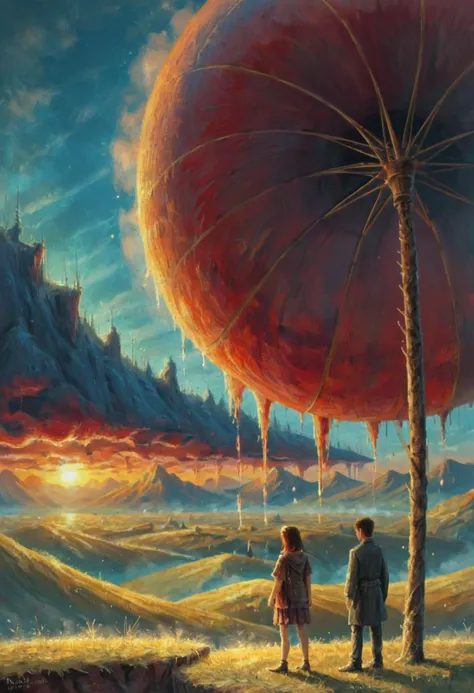 by Magali Villeneuve 
 , painting, In a surreal landscape, the iconic silhouettes of Peacock and Palm Tree stand tall against a backdrop of lush palm trees. The sun is setting, casting an orange glow over the peaceful scene. Seagulls cry in the distance as the waves gently lap against each other. Illustration, Steampunk Art, Neon Light, Warm Colors, oil painting style, dark evening, impressionism, expressionism, bold brushstrokes, <lora:rough-oil-sat-mega-adam-e:1> <lora:EpiCPainting:1> 
, painting, landscape of a, located artistic, dynamic, excellent composition, magic atmosphere, surreal, atmosphere