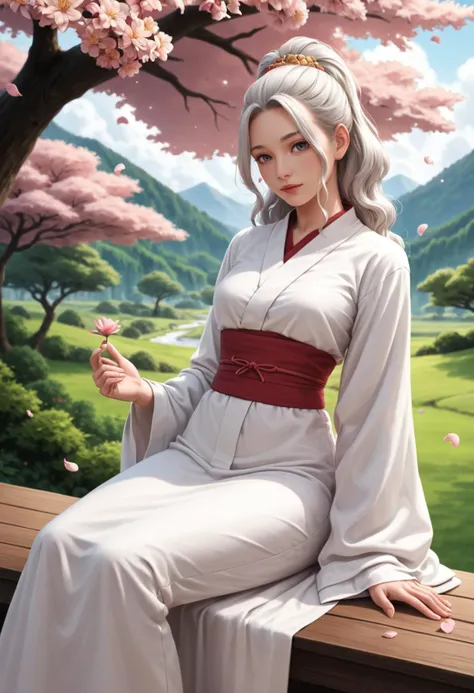 score_9, score_8_up, score_7_up, score_6_up, score_5_up, score_4_up,  Studio Ghibli style, tranquility: A woman with flowing, silver hair sits peacefully beneath a cascading cherry blossom tree, bathed in the gentle glow of the setting sun. Depict the serene expression on her face and the delicate beauty of the falling petals.