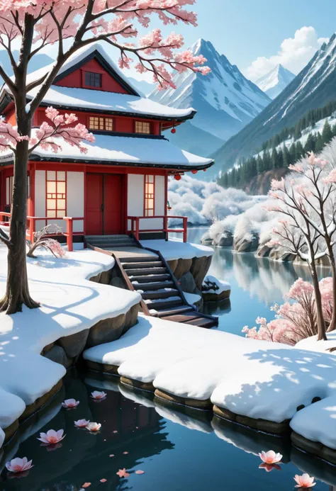 score_9, score_8_up, score_7_up, score_6_up, score_5_up, score_4_up, A peaceful scene of a traditional Japanese tea house nestled amidst a vibrant rice paddy field. Gentle wind ripples the water, reflecting the snow-capped mountains in the distance. Style: Anime, Studio Ghibli, traditional Japanese scenery