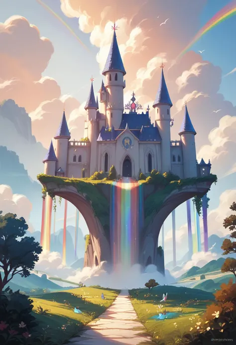((score_9), score_8_up, score_7_up), score_6_up, score_4_up, score_5_up, Rainbow Bridge: A dreamy landscape showcasing a majestic rainbow bridge reaching towards a castle floating in the clouds.