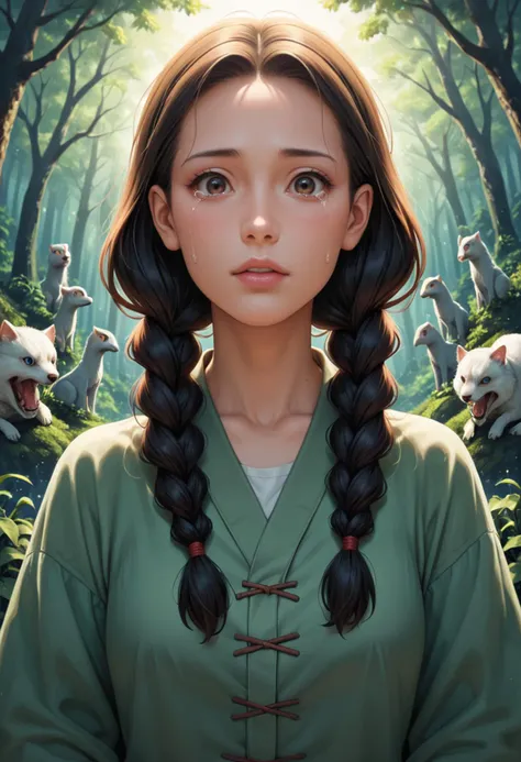 score_9, score_8_up, score_7_up, score_6_up, score_5_up, score_4_up,  Ghibli-esque scene, focus on emotion: A woman with vibrant braids, tears welling in her eyes, bids farewell to a group of benevolent forest spirits. Capture the poignant emotion of the scene and the intricate details of the spirit's ethereal forms.