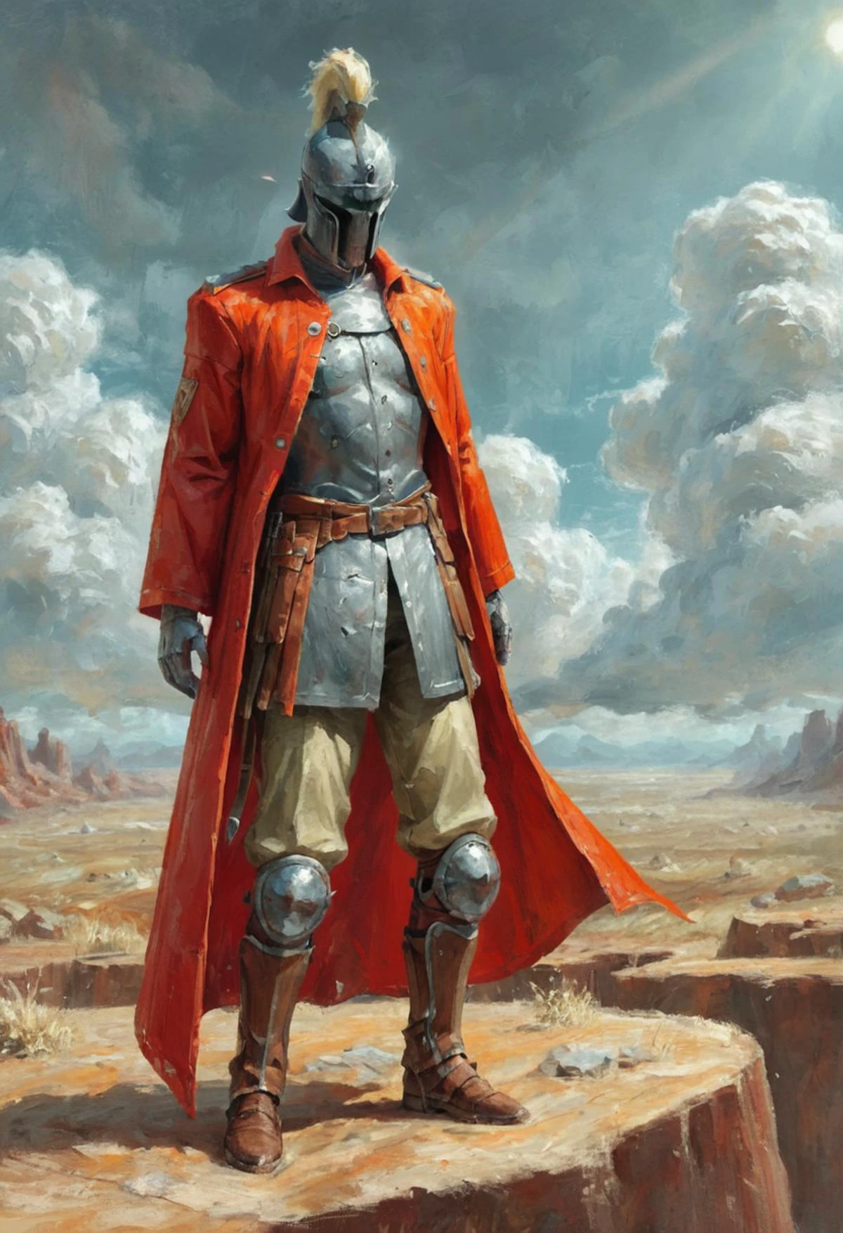 painting, Grim, landscape of a Painterly Ulaanbaatar and Virtual reality simulation, at Overcast, Nostalgic lighting, 80mm, moody
, painting, In this captivating painting, a Renaissance-inspired figure stands tall in the center of a desert landscape. The lone figure is depicted in bold black letters, with the sun peeking through the leaves above. He wears a long coat and khaki pants, Fantasy, oil painting style, dark evening, impressionism, expressionism, bold brushstrokes, <lora:rough-oil-sat-mega-adam-e:1> <lora:EpiCPainting:1>
, painting, unique, magnificent, epic composition, excellent composition