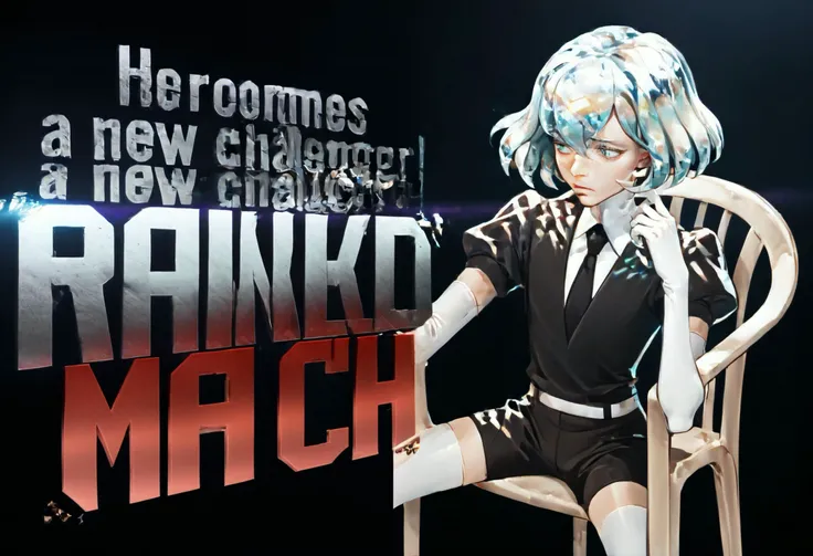 score_9, score_8_up,score_7_up, dark background, gradient background
BREAK text focus, new challenger, english text <lora:SFNewChallenger_XLPD:1.6>,
BREAK 1girl, solo, hskdmnd, crystal hair, colored eyelashes, multicolored hair, short hair, black shirt, puffy short sleeves, collared shirt, black necktie, elbow gloves, white gloves, black shorts, white thighhighs, black footwear, plastic chair, sitting, full-length portrait <lora:CrystalHair_XLPD:1> <lora:Hoseki_HousekiNoKuni_Diamond_PDXL_v1:1> <lora:PlasticChair_XLPD:1>