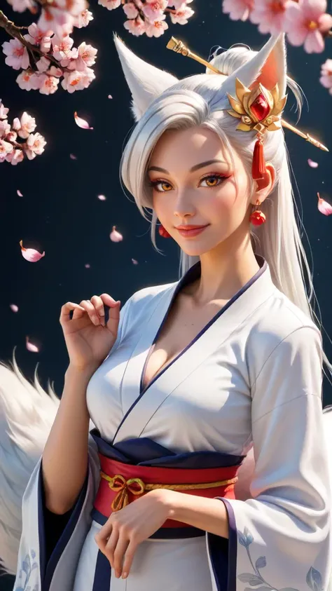 otherworldly artful masterpiece, ((score_9), score_8_up, score_7_up), score_6_up, score_4_up, score_5_up, 1girl, A close-up portrait of a beautiful anime kitsune (fox spirit) with nine fluffy tails swirling around her. Her eyes are a captivating blend of gold and amber, flecked with flecks of foxfire. Her long, silver hair is styled in a traditional hime haircut, adorned with intricate origami fox ornaments. She wears a flowing white kimono adorned with golden embroidery of swirling fire and blooming cherry blossoms. A serene smile hints at her hidden power.