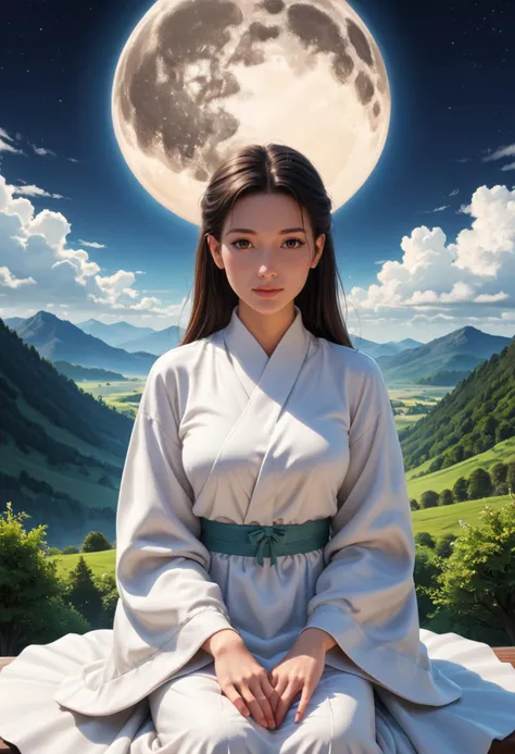 score_9, score_8_up, score_7_up, score_6_up, score_5_up, score_4_up,  Detailed Ghibli vibes, focus on serenity: A woman with flowing robes, her face etched with wisdom, sits cross-legged atop a mountain peak, bathed in the soft glow of a full moon. Depict the intricate details of the mountain landscape, the vast expanse of the night sky, and the woman's expression of inner peace.