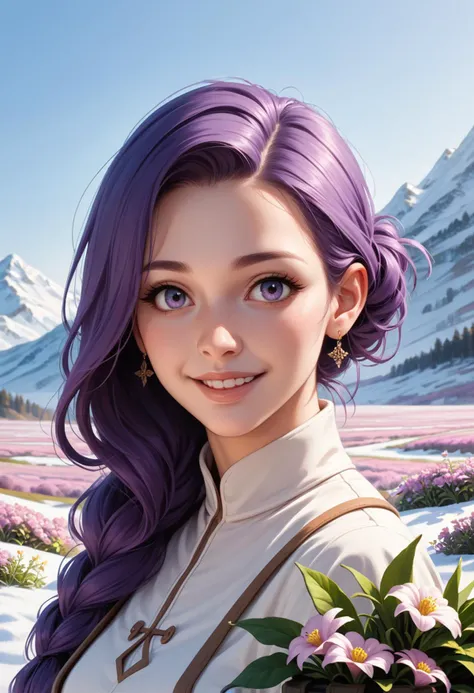 ((score_9), score_8_up, score_7_up), score_6_up, score_4_up, score_5_up, artful dreamy masterpiece, 1girl, A close-up of a woman with flowing purple hair and a gentle smile, a single tear glistening in her eye as she holds a wilted flower in a field of lavender with snow-capped mountains in the distance. (portrait, closeup, anime, field of flowers, lavender, mountains, snow, wilted flower)