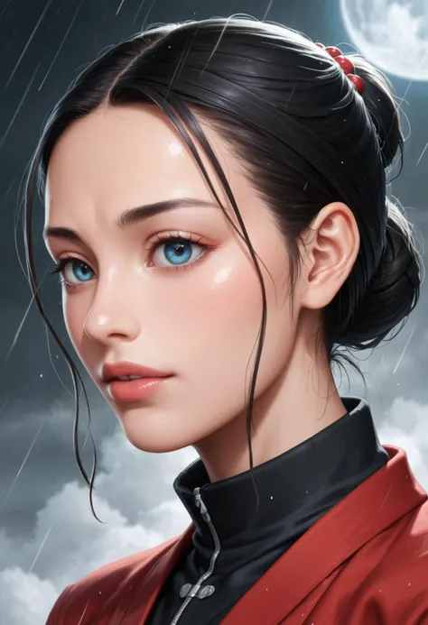 score_9, score_8_up, score_7_up, score_6_up, score_5_up, score_4_up, Detailed Ghibli vibes, focus on emotion: A woman with tear-filled eyes, her face streaked with rain, gazes up at the luminous moon illuminating a desolate landscape. Capture the raw emotion and vulnerability in her expression.