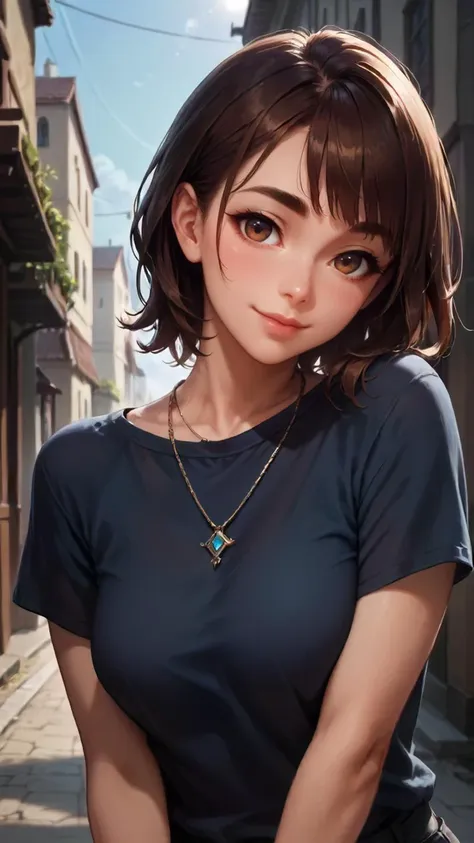 concept art, dark theme, low light, ((score_9), score_8_up, score_7_up), score_6_up, score_4_up, score_5_up, 1girl, solo, brown hair, smile, looking at viewer, necklace, jewelry, brown eyes, shirt, upper body, blurry background, medium hair, blurry, black shirt, closed mouth, lips, bangs, outdoors, thick eyebrows, day, head tilt, blush, blue shirt, sunlight, depth of field, short hair, <lora:sinfully_stylish_SDKL:0.8> <lora:Concept Art DarkSide Style LoRA_Pony XL v6:0.8>