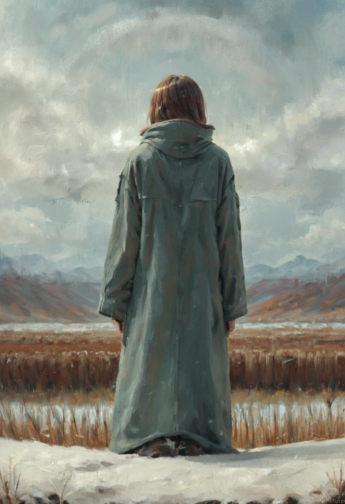 (by Chris Uminga:0.9), 3 people
, painting, In the heart of a vast, dense field, a woman with long brown hair and bright brown eyes gazes out from behind a delicate piece of clothing. She wears a pair of ultrarealistic black sunglasses and holds a large silver phone in her hand. Snowy, Bokeh, Cybergoth Fashion, F/2.8, oil painting style, dark evening, impressionism, expressionism, bold brushstrokes, <lora:rough-oil-sat-mega-adam-e:1> <lora:EpiCPainting:1>
, painting, highly decorated, contemporary fine detail, intricate detail, elaborate
