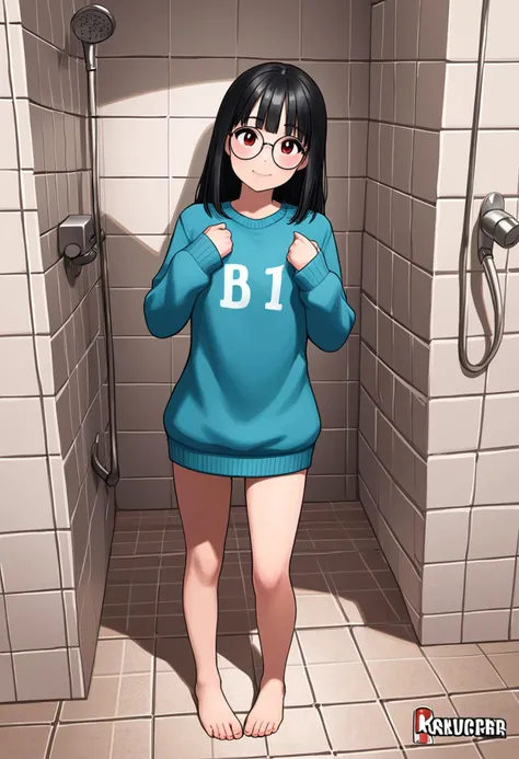 detailed_background,outdoors,shower_head,virtual_youtuber,blue_sweater,red_dress, logo,head_tilt,tiles,toes,tile_floor,round_eyewear,bell,standing,text