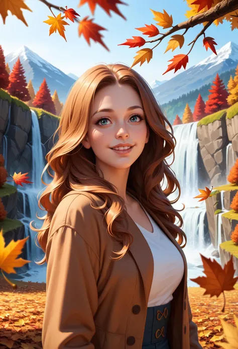 ((score_9), score_8_up, score_7_up), score_6_up, score_4_up, score_5_up, artful dreamy masterpiece, 1girl, Nostalgic: A woman with long, flowing hair reminiscent of a waterfall, a wistful smile on her lips, standing in a field of golden autumn leaves with snow-capped mountains peeking through the trees.