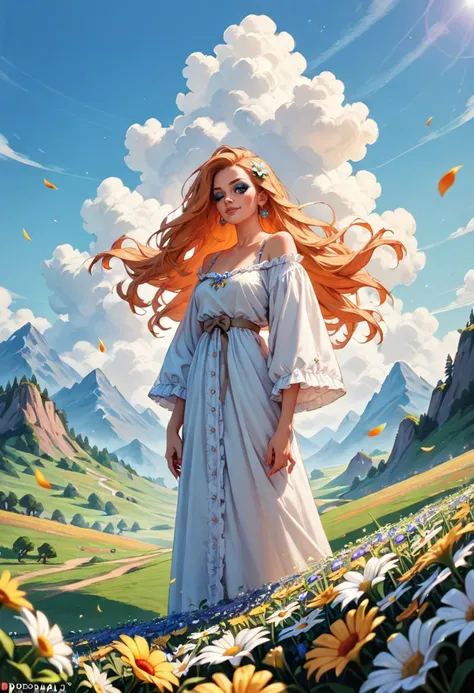 ((score_9), score_8_up, score_7_up), score_6_up, score_4_up, score_5_up, artful dreamy masterpiece, 1girl,  Pop Art: A woman with vibrant, technicolor hair and bold makeup, winking playfully, standing in a field of oversized, cartoon-like flowers with a mountain range painted in pop art style.