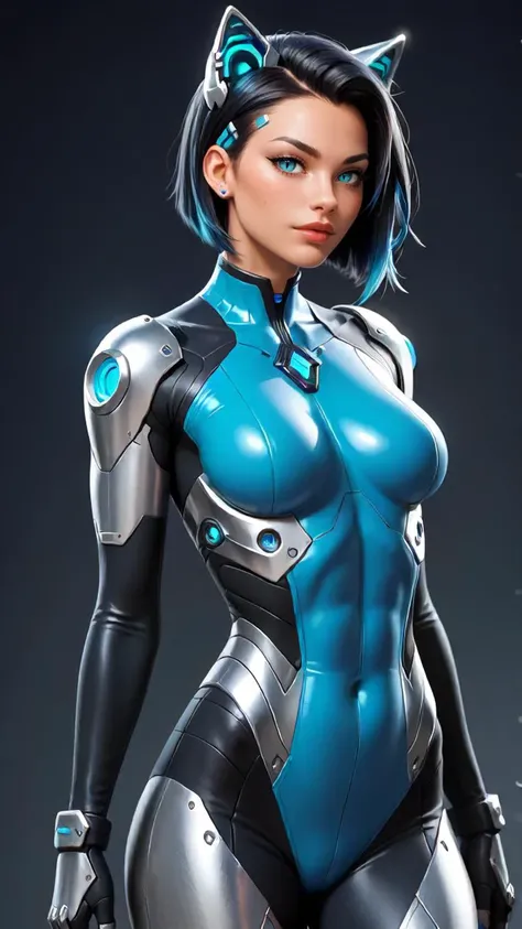 ((score_9), score_8_up, score_7_up), score_6_up, score_4_up, score_5_up, 1girl, An anime-style closeup portrait of a cybernetic catgirl with short, sleek black hair and glowing blue highlights. Her eyes have a catlike slit and a mischievous glint. She wears a revealing bodysuit with glowing blue circuitry and metallic accents. Emphasize the blend of feline features and cybernetic enhancements, and the intricate details of her futuristic attire.