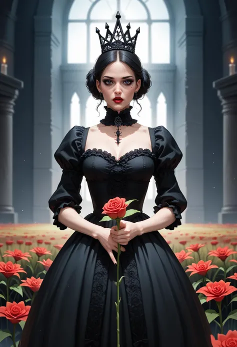 ((score_9), score_8_up, score_7_up), score_6_up, score_4_up, score_5_up, artful dreamy masterpiece, 1girl, Gothic: A woman in a black Victorian dress, a single red rose clutched in her hand, standing in a field of wilting lilies with a decaying gothic castle perched atop a stormy mountain peak.