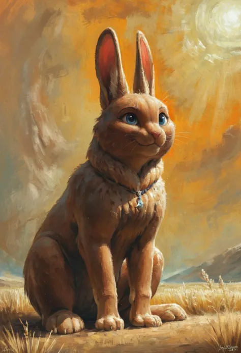 Tim Hildebrandt
, painting, A magnificent painting depicts a rabbit sitting upright against a backdrop of rolling hills and lush greenery. The rabbit's feathers are a deep brown, and its eyes are filled with wisdom and knowledge. Its fur is a golden hue, Spring, cosmic, conceptual design, allegorical elements, speculative fiction, vector art, oil painting style, dark evening, impressionism, expressionism, bold brushstrokes, <lora:rough-oil-sat-mega-adam-e:1> <lora:EpiCPainting:1>
, painting, perfect composition, exquisite color, dynamic dramatic composition, glossy, confident