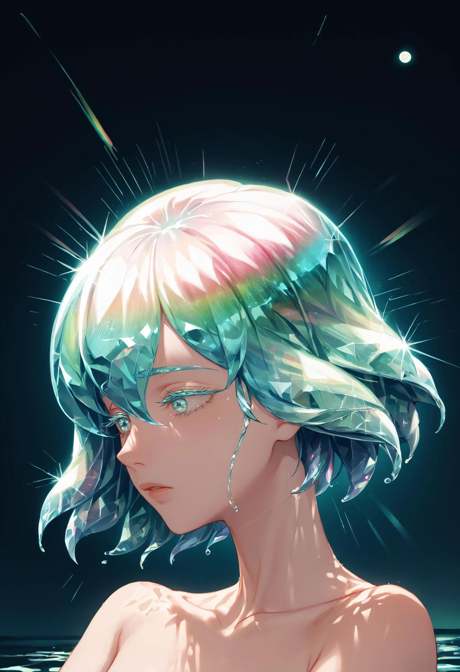 score_9, score_8_up,score_7_up BREAK 1girl, solo, hskdmnd, crystal hair, colored eyelashes, multicolored hair, short hair, nude, gradient background, dark background, night, moon, pond, water, soft focus, aurora borealis <lora:n30nXLP:1> <lora:CrystalHair_XLPD:1> <lora:Hoseki_HousekiNoKuni_Diamond_PDXL_v1:1>