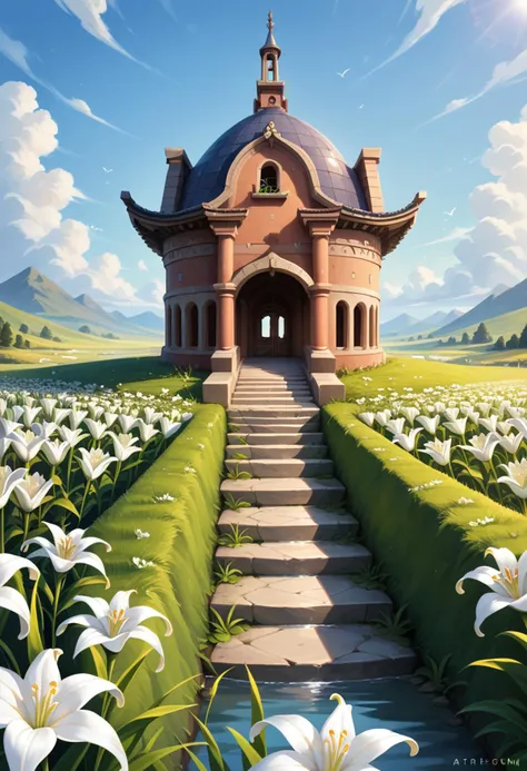 ((score_9), score_8_up, score_7_up), score_6_up, score_4_up, score_5_up, artful dreamy masterpiece, 1girl, Forgiveness: A woman with tears welling up in her eyes, a look of acceptance on her face, surrounded by a field of white lilies with a bridge leading to a peaceful mountain temple.