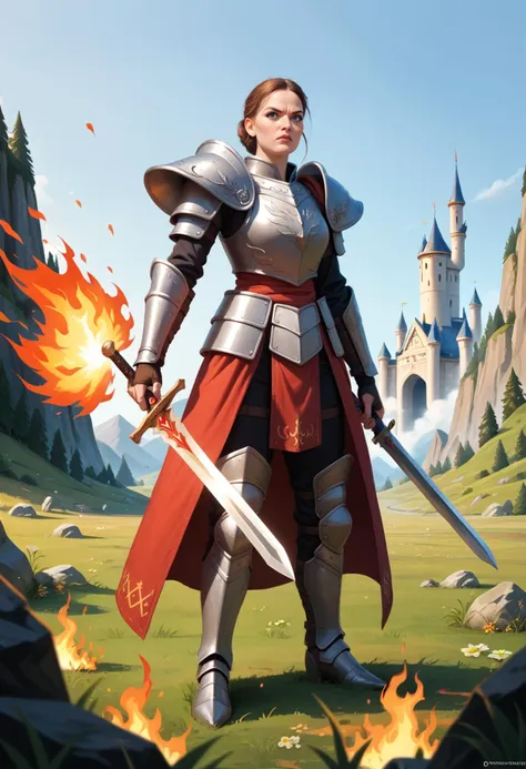 ((score_9), score_8_up, score_7_up), score_6_up, score_4_up, score_5_up, artful dreamy masterpiece, 1girl,  Warrior Princess: A woman in full battle armor, a determined glint in her eyes, holding a sword aloft, standing in a field of wildflowers with a burning castle silhouetted against the mountains.