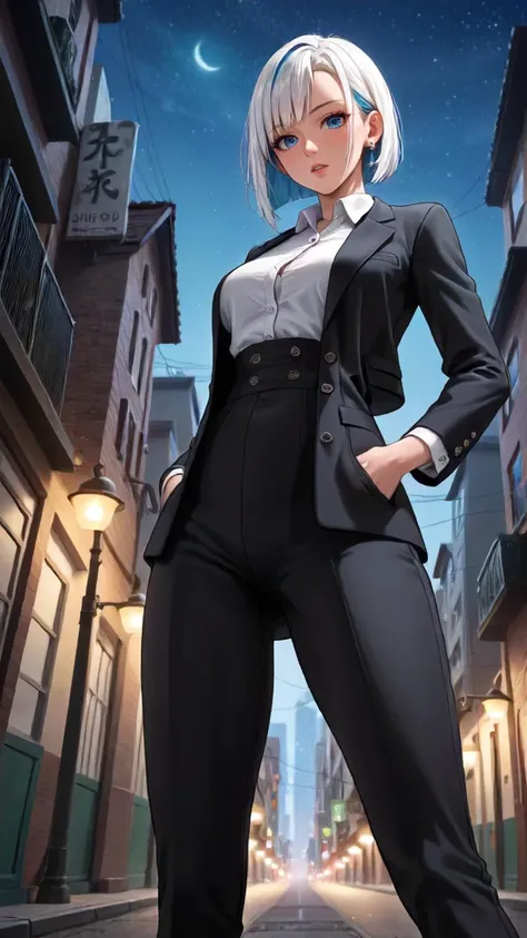 (score_9, score_8_up), score_7_up, zPDXL2, zPDXLxxx, (oiled skin, intricate details, action-packed, hyperdetailed masterpiece, concept art), 1girl, pants, short hair, blue eyes, suit, shirt, formal, outdoors, from below, looking at viewer, jacket, night, hand in pocket, solo focus, black pants, white shirt, collared shirt, building, parted lips, dress shirt, city, blue hair, jewelry, earrings, long sleeves, standing, bangs, sky, alley, pant suit, black jacket, open clothes, business suit, open jacket, breasts, thigh gap, sign, shirt tucked in, bob cut, high-waist pants, multicolored hair, power lines, 1boy, feet out of frame, hand up, fisheye, white hair, solo, looking down, air conditioner, backlighting, night sky,