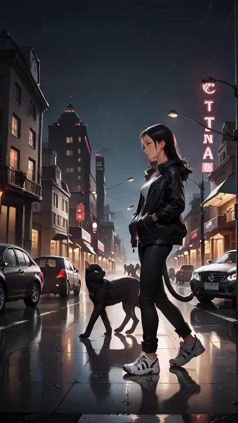 concept art, dark theme, low light, ((score_9), score_8_up, score_7_up), score_6_up, score_4_up, score_5_up, 1girl, car, motor vehicle, ground vehicle, cat, night, road, street, black hair, shoes, sneakers, long hair, animal, outdoors, city, crosswalk, walking, lamppost, holding, holding animal, white footwear, solo, building, pants, holding cat, black cat, from side, standing, long sleeves, profile, jacket, full body, rain, clock, city lights, sketch, cityscape, closed mouth, light, hands in pockets, <lora:sinfully_stylish_SDKL:0.8> <lora:Concept Art DarkSide Style LoRA_Pony XL v6:0.8>