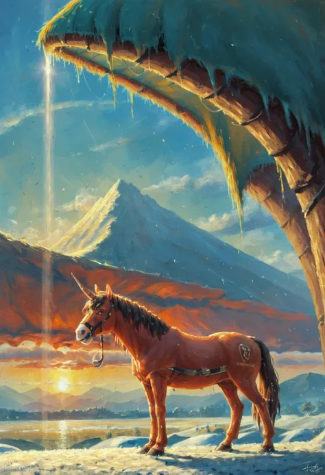 stylized by Toby Fox, Rick Amor and Ronald Wimberly
, painting, The painting depicts a magnificent Saint Bernard, with his muscular arms wrapped around the neck of a majestic horse. Its coat is a rich brown and white, with intricate details. A gentle breeze blows through the landscape, rustling the leaves of nearby trees. Snowing, Neon Light, oil painting style, dark evening, impressionism, expressionism, bold brushstrokes, <lora:rough-oil-sat-mega-adam-e:1> <lora:EpiCPainting:1>
, painting, enhanced quality, professional creative, illustrious, dynamic dramatic atmosphere, great light